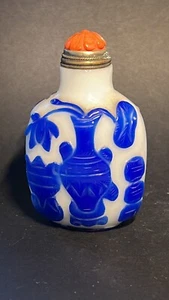 Antique Chinese Peking Glass White Blue Snuff Bottle Perfume 1899-1920 Coral - Picture 1 of 13