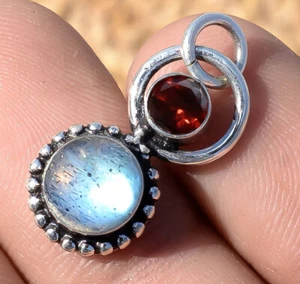 Labradorite & Faceted Garnet Gemstone 925 Sterling Silver Pendant Woman Jewelry - Picture 1 of 6