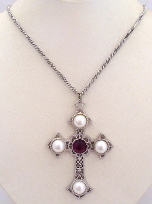Sarah Coventry Silver Tone Necklace & Filigree Cross Pendant With Faux Pearls - Image 1 of 4