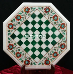16'' White Marble Chess Coffee Table Top Hakik Malachite Inlay Floral Home Decor - Picture 1 of 4
