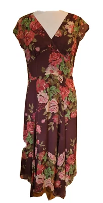 Laura Ashley Dress floral rose print red silk Chiffon short sleeve Lined UK 14 - Image 1 of 4