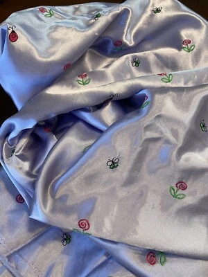 VTG Embroidered Ladybug Florals Silky Satiny FABRIC 3 YDS 58" W Lavender Purple - Image 1 of 4