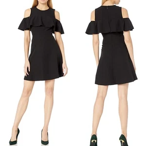 Nuovo abito da donna Nanette Lepore taglia 16 a spalla fredda nero flounce nuovo con etichette - Foto 1 di 7