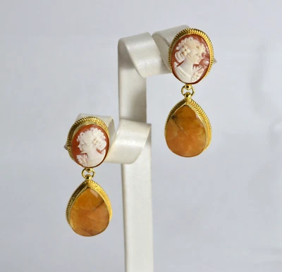 ORECCHINI ARGENTO 925 DORATO   CAMMEI CORNEOLA CORIDONI RUGGINE         AGHT 074 - Immagine 1 di 3