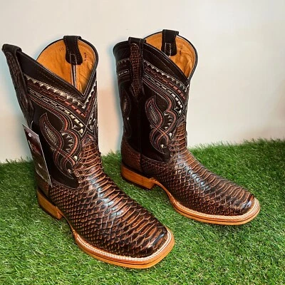 Mens WESTERN COWBOY Leather PYTHON Honey SCALE Print Square Toe Boots PITON 695 - Image 1 of 4