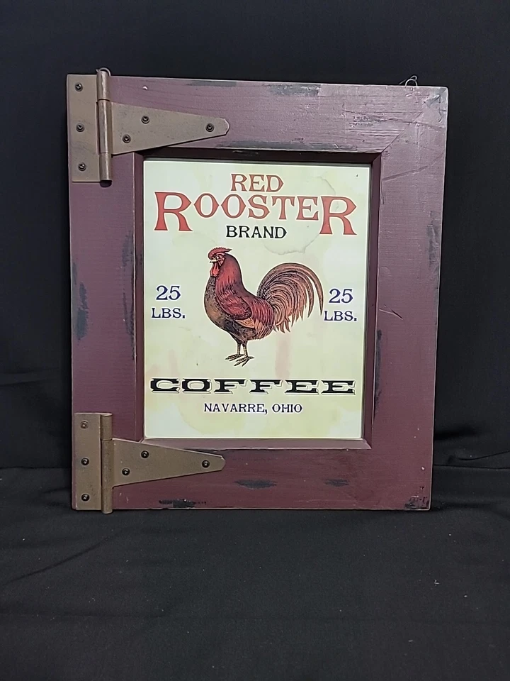 RUSTIC FRAMED PRINT SIGN RED ROOSTER BRAND COFFEE ADVERTISING - Image 1 of 4