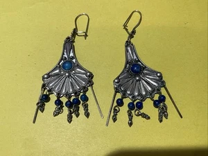 CHILE Tribal Mapuche chandelier earrings Sterling silver .900 BLUE Lapis lazuli - Picture 1 of 6
