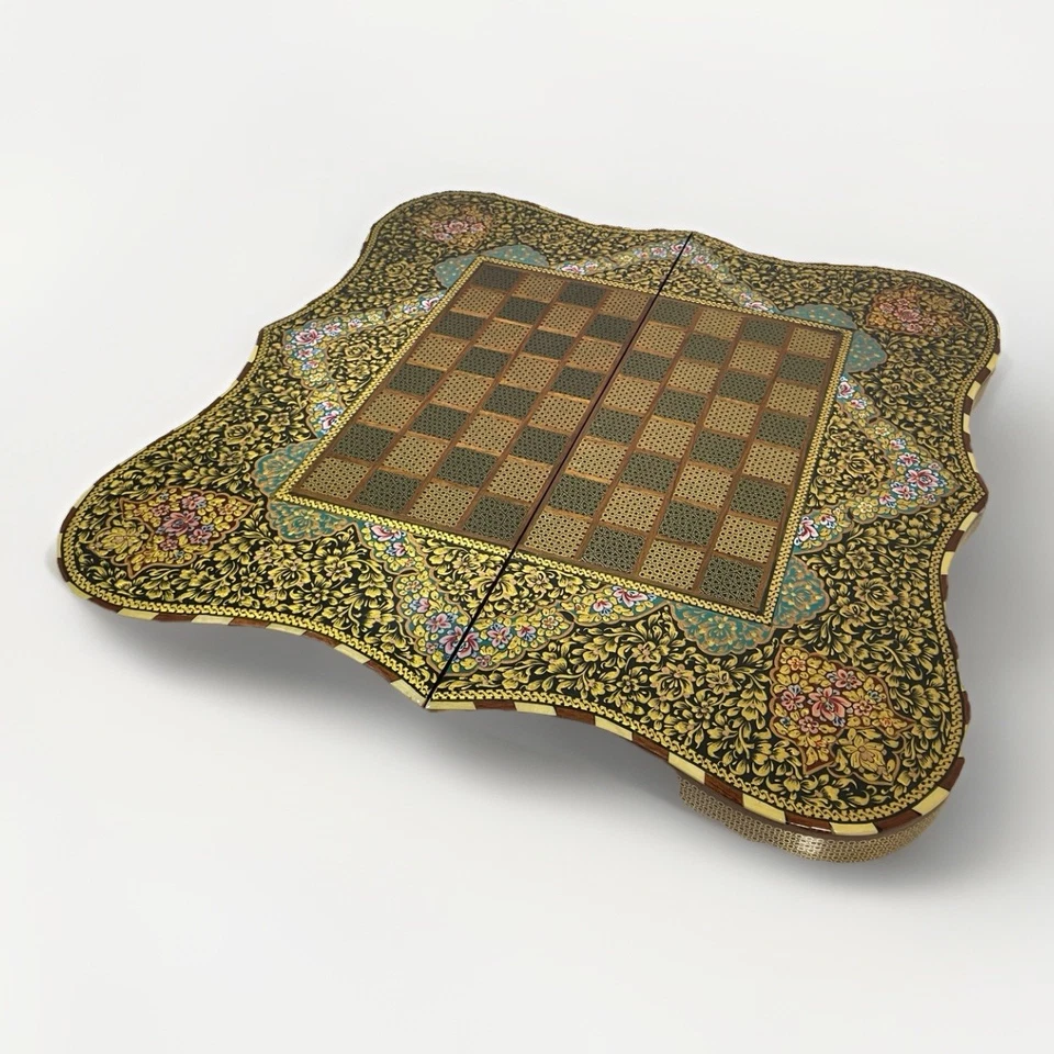 Handmade Khatam Backgammon & Chess Set Inlaid Folding Wooden Board with Case - Image 1 of 4