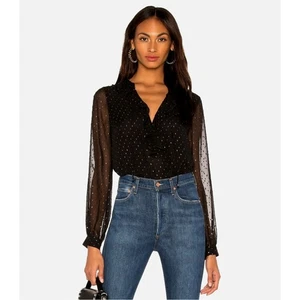 Paige Shirt Womens Medium Black Sheer Metallic Silver Dot Ruffled Top Whimsigoth - Foto 1 di 20