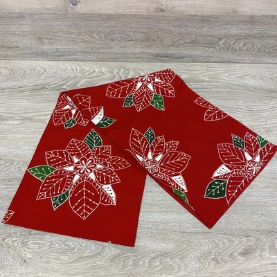Crate & Barrel Table Runner Winterfest Red Poinsettia Embroidered 90" x 14" - Image 1 of 4