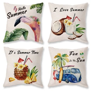 Summer Pillow Covers 18x18 Set of 4,Flamingo/Beach/Pineapple/Tropical Theme T... - Picture 1 of 6