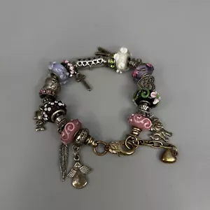 Vintage Sterling Silver Charm Bracelet Murano Glass Beads Floral Mothers Day - Picture 1 of 13