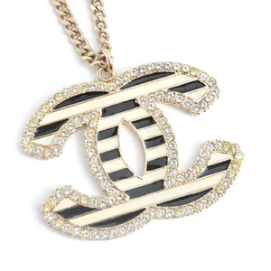 Chanel Necklace Ladies Coco Mark B Rhinestone Pendant Gold Color Black White 06 - Picture 1 of 10