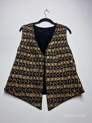 Chaleco Mujer M Negro Clásico Forrado Intrincado Dorado Bordado Formal Exterior Foto 1 de 4
