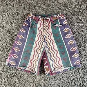 Vintage 90s Jean Shorts Girls 9/10 Aztec Striped Tribal Colorful Logo Retro USA - Picture 1 of 13