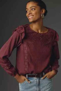 New! XS NWT Anthropologie Tiny Long-Sleeve Crescent Ruffled Lace Blouse Top - Picture 1 of 7