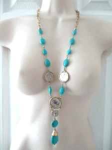 Chico's Isabella Faux Turquoise Beaded Coin Y -Gold Tone - Necklace 34” - Picture 1 of 3