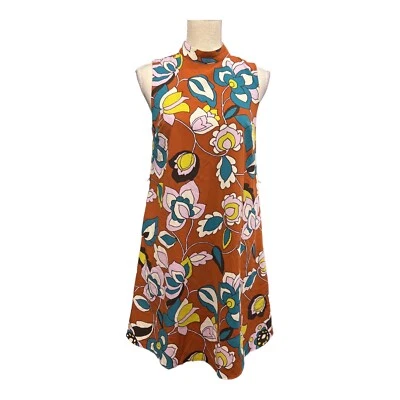 ModCloth Dress Womens S Brown Floral Shift Mini Mock Neck Retro Groovy 70s Swing - Image 1 of 4