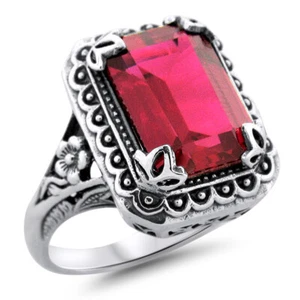 VIVID RED VINTAGE STYLE 925 STERLING SILVER LAB-CREATED RUBY FLOWER RING   #1216 - Picture 1 of 4