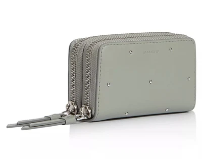 ALLSAINTS Mujer Kathi Cuero Tachonado Cartera Cremallera Alrededor Tarjetero Azul Gris Foto 1 de 4