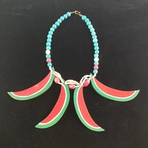 Funky Watermelon Necklace Painted Wood Dangle Bead Hook Vtg 18" Cute Gift Unique - Picture 1 of 9