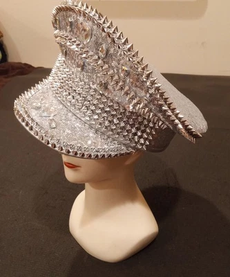 White Sequin Faux Gem Iridescent Spikes Captain Hat Cosplay New Year Bride Pride - Image 1 of 4