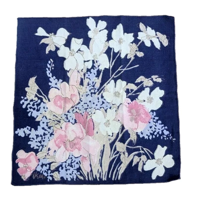 Pañuelo de lino vintage firmado azul marino floral 15"x15" Foto 1 de 4