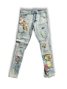 Pantalones de mezclilla desgastados con gráfico de hongos mariposa tiro humo 36x32 lavado claro - Imagen 1 de 18