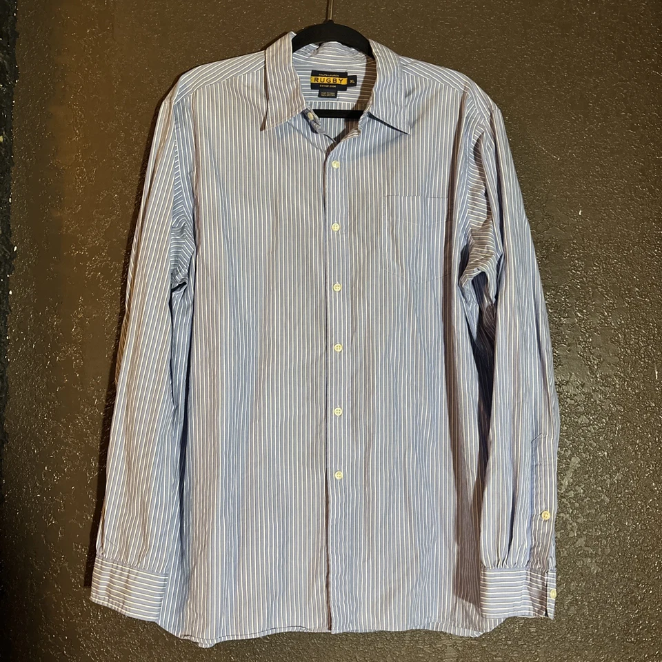 Camisa de vestir Ralph Lauren Rugby 2004 vintage etiqueta azul rayas verdes para hombre XL Y2K Foto 1 de 4