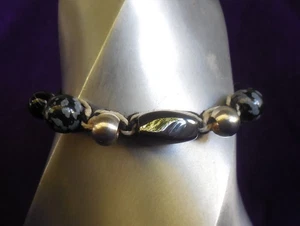 Hematite Hemp Bracelet Anklet Adjustable Jewelry with Snowflake Obsidian Agate - Picture 1 of 7