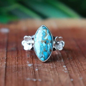 Blue Turquoise Ring, 925 Sterling Silver Ring, Marquise Ring, Handmade Jewelry, - Picture 1 of 10
