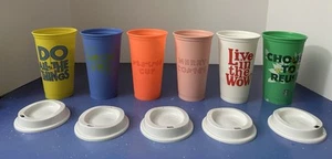Starbucks Reusable 16oz Plastic Coffee Cups Lot of 6 Colors - 5 Lids - Collector - Picture 1 of 10