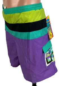 Vintage 80s NWT Laguna Shorts XL 40-42 COLOR BLOCK Swim Trunks Mesh Lined PURPLE - Picture 1 of 7