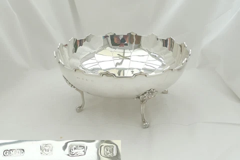 RARE GEORGE V HM STERLING SILVER 4 FOOTED FRUIT BOWL 1915 Cover