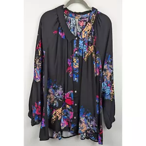 Free People Meadow Lark Top Damen M schwarz Oversize dunkel Blumen Tunika Shirt - Bild 1 von 12