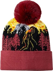 Sasquatch Big Foot Print Knit Pom Beanie- Burgundy - Picture 1 of 6