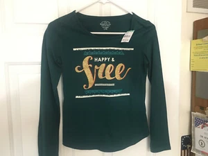 Girl's Teen Youth Long Sleeve Graphic Happy & Free Tee Teal Size L 14 - Picture 1 of 8