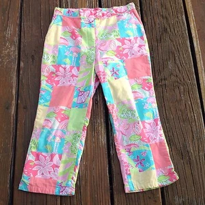 Lilly Pulitzer Girls Pink Floral Patch Pants Sz 8 Patchwork White Label Tag Vtg - Picture 1 of 4