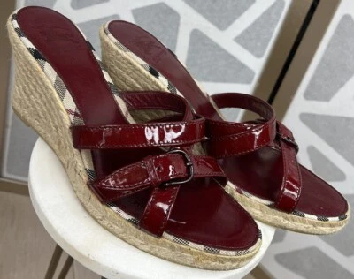 Burberry Nova Check Red Patent Leather Espadrille Wedge Sandals Size 39 IT, 8 US - Image 1 of 4