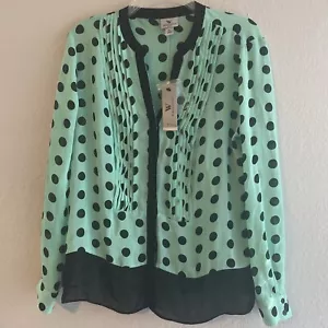 Worthington Women’s Blue Mint And Polka Dot Long Sleeve Blouse Top Petite NWT - Picture 1 of 8