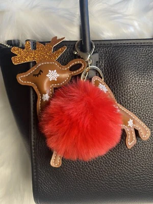 Reno Llavero Bolso Dije Rojo Pompón Regalo Navidad Esponjoso Nuevo Foto 1 de 2
