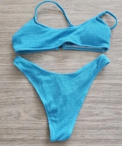 Bikini donna Shein 2 pezzi blu medio stropicciato imbottito gamba alta nuovo senza etichette NB603 - Foto 1 di 9