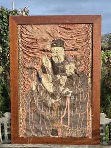 PANEL COLGANTE BORDADO SEDA CHINA SIGLO XVIII/XIX Antiguo Oriental  - Imagen 1 de 15