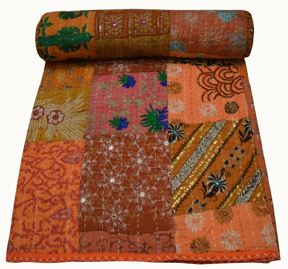 Colcha de retalhos indiana vintage feita à mão estampa Kantha queen Throw Gudar - Imagem 1 de 1