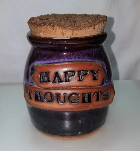 Artist Signed HAPPY THOUGHTS Deep Purple Pink Blue Glazed Pottery Jar Cork Lid - Picture 1 of 6