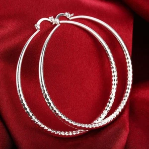 Women's eXtra-Large 925 Sterling Silver Diamond-Cut 70mm Round Hoop Earrings UK - Picture 1 of 5