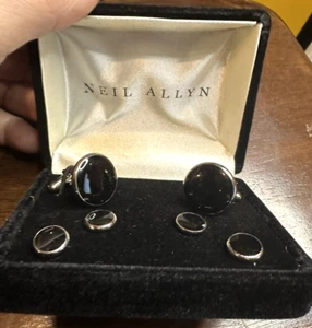 NIB Neil Allyn tuxedo Cufflink shirt stud wedding set silvertone black toggle - Picture 1 of 5