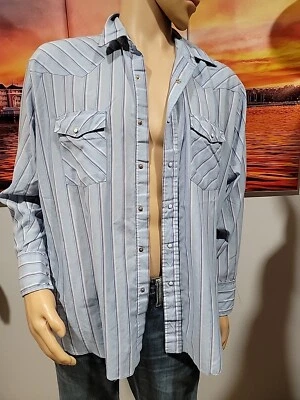 Wrangler  X-Long Tails Pearl Snap Button Men's XL Shirt Western Striped Blue #C - Image 1 of 4
