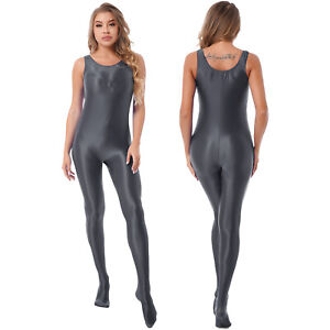 US Women's Glossy Tight Crotchless Swimsuit Full Body Unitard Leotard Bodysuit