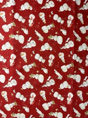 Winter Miracle Red With Snowmen and Rabbits Fabric Christmas Sold by Yard x 44" - Image 1 of 3
